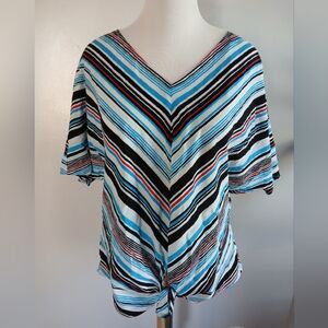 Jones New York Signature Blue & White V-Neck Flutter Sleeve Tie Front Blouse XL